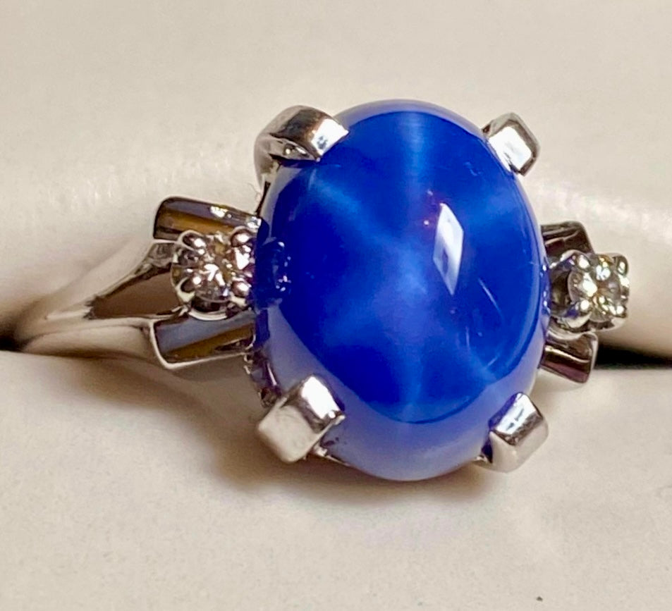 5.68 carat Blue Six Ray Star Sapphire and Natural Diamond Accent Ring Size 4.75. 14K White Gold.