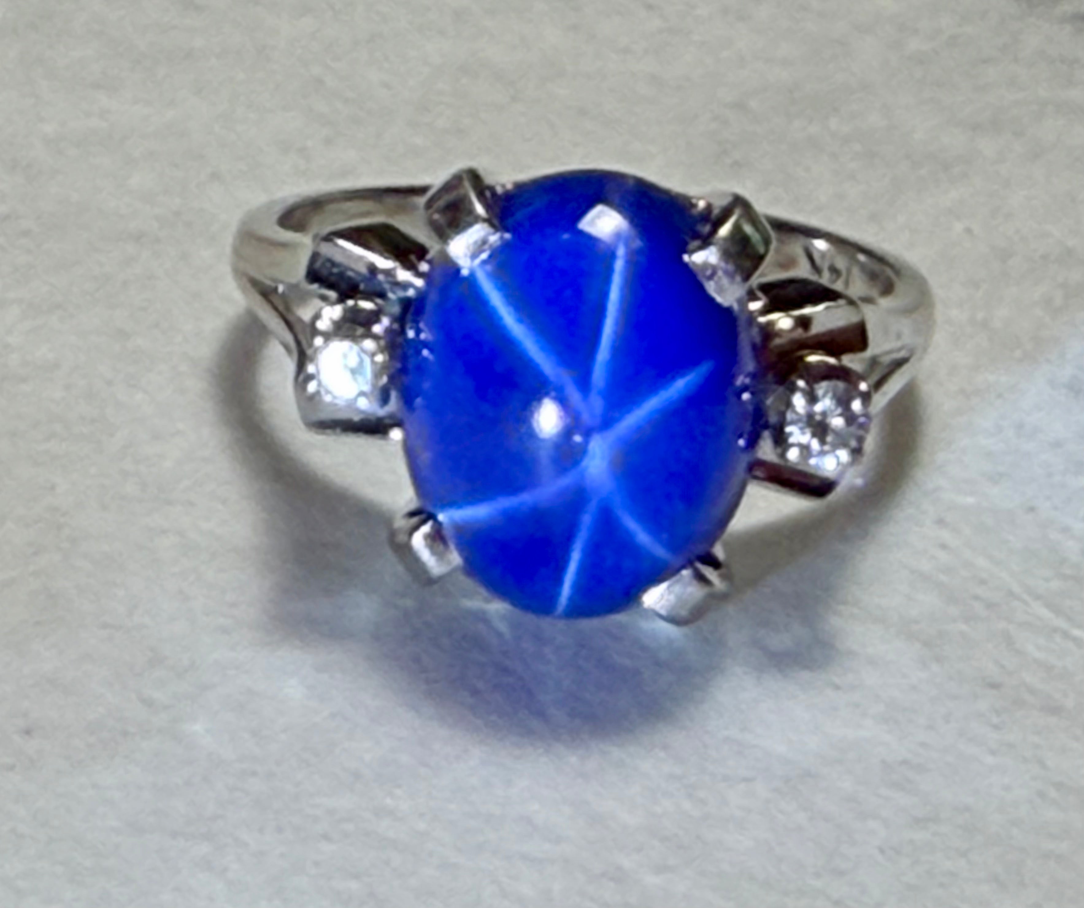 5.68 carat Blue Six Ray Star Sapphire and Natural Diamond Accent Ring Size 4.75. 14K White Gold.