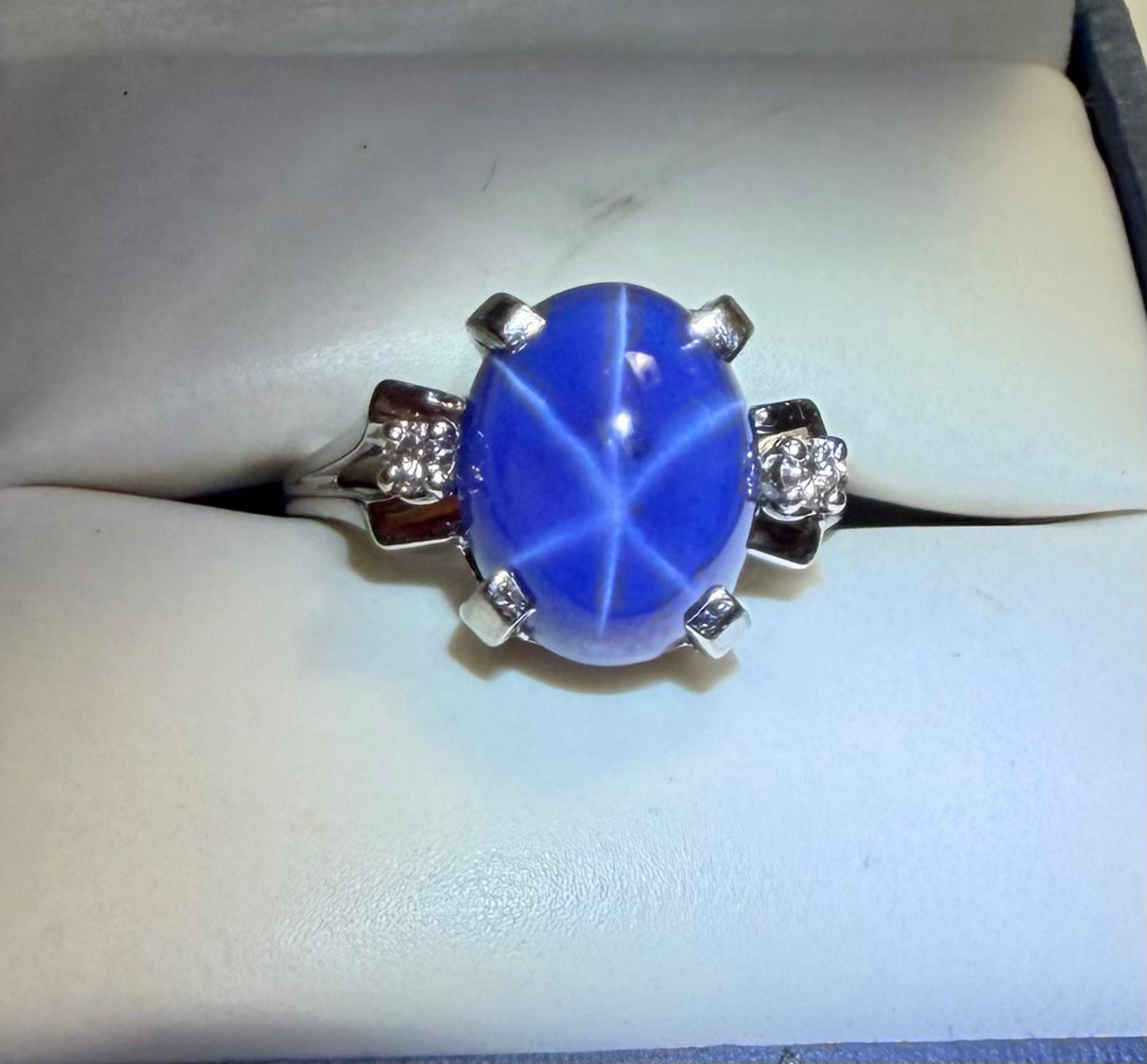 5.68 carat Blue Six Ray Star Sapphire and Natural Diamond Accent Ring Size 4.75. 14K White Gold.