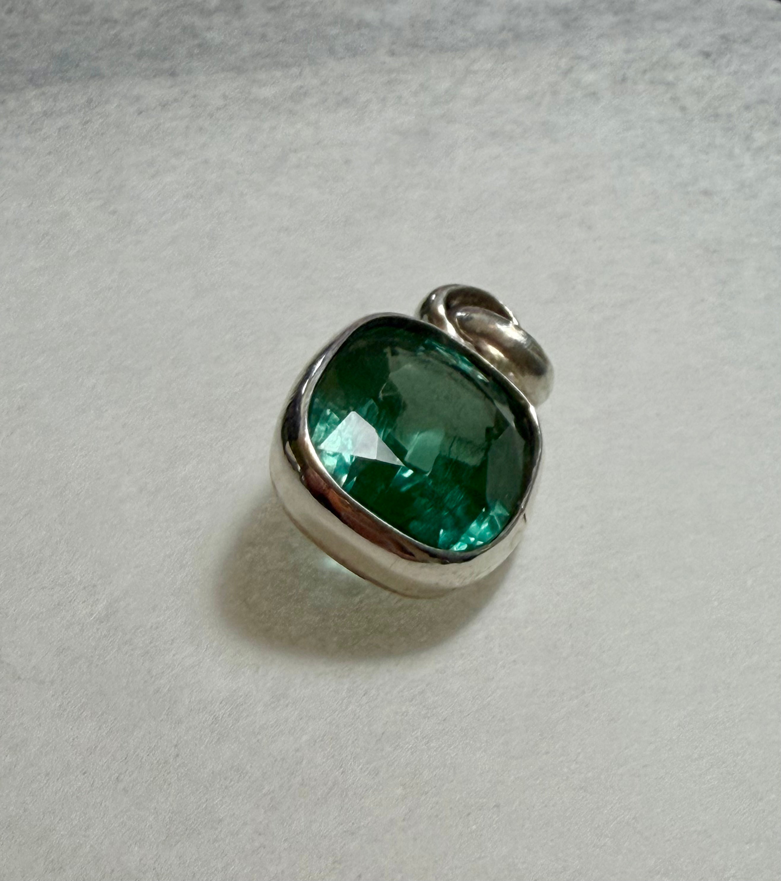 Large 39.50 carat Natural Blue Green Tourmaline Pendant. Sterling Silver.