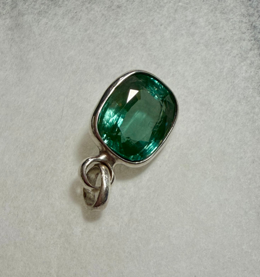 Large 39.50 carat Natural Blue Green Tourmaline Pendant. Sterling Silver.
