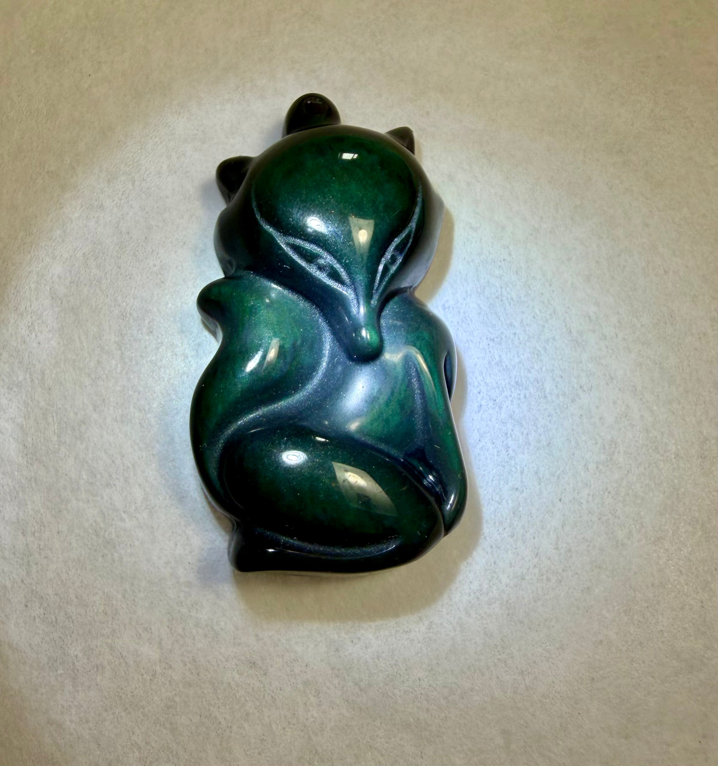 Rare 41.55 carat Green Sheen Obsidian Fox Pendant.